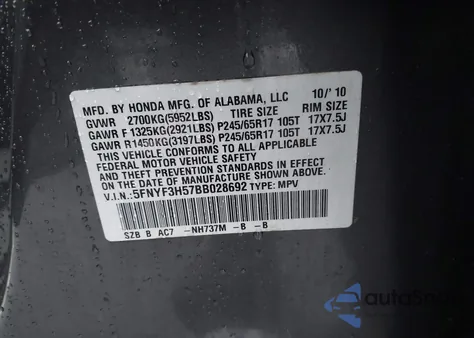 2011 Honda Pilot Ex-L z USA, uszkodzony, nr VIN 5FNYF3H57BB028692